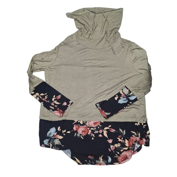 BiBi Long Sleeve Cowl Neck Shirt Lightweight Soft Green Floral Womens Medium - Picture 2 of 6